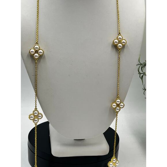 TORY BURCH Designer Gold Plated Faux White Glass Pearl Station Necklace 34" - Picture 2 of 7